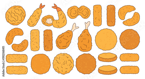 Assortment of fried food items including chicken nuggets, strips, drumsticks, and cutlets in various crispy golden-brown shapes.