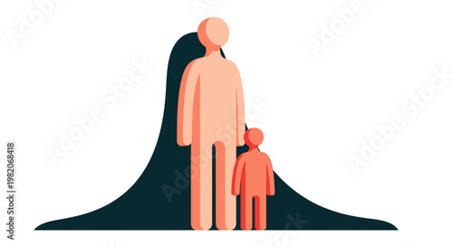 Stylized illustration of an adult and a child standing on a dark bell curve, representing demographic distribution, growth, and generational differences.