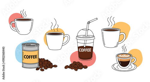 Coffee shop elements featuring different types of cups, mugs, roasted beans, and a takeaway container with a straw on color blobs.