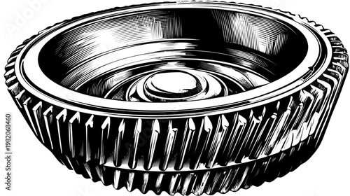 Black and white vector drawing of a hollowed gear with internal structure