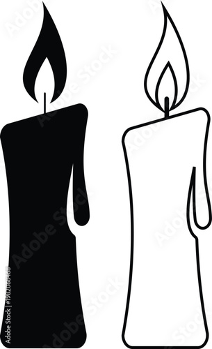 Candle flame icon set collection group, wax, light, fire, lantern, illumination symbols, decorative candles, burning wick shapes in flat and line style black vector illustration isolated