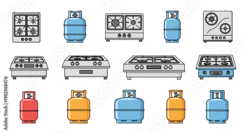 Set of gas cooking appliances including various stovetops and portable gas cylinders in different colors like blue, red, and orange.