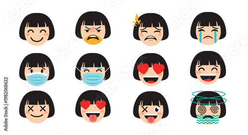 Set of emoticons featuring a girl with a black bob haircut expressing a wide range of feelings and wearing a blue protective face mask.