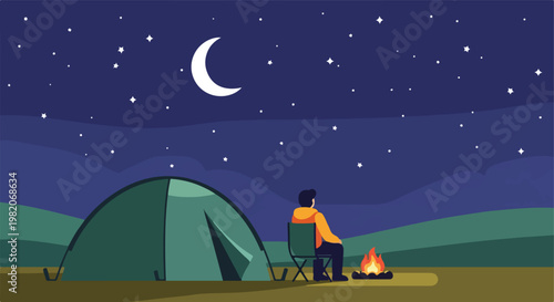 A person sits in a chair by a campfire next to a tent under a starry night sky