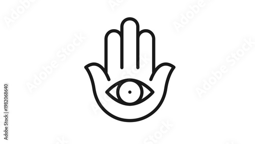 Hamsa Hand of Fatima or Miriam vector icon illustration featuring a protective eye in the palm, minimalist black line art symbol for spirituality, luck, strength, and warding off evil.