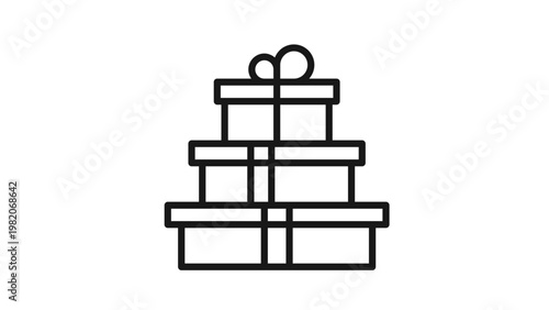 Fotografija Minimalist black line vector icon of a stack of three gift boxes with ribbons and a bow, scalable illustration for birthday, Christmas, anniversary, holiday celebrations, and gift-giving concepts