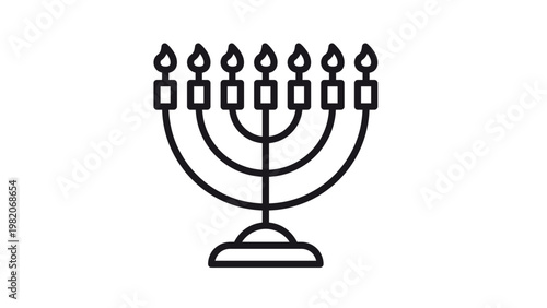 Seven-branched menorah vector icon illustration, traditional Jewish religious symbol with lit candles and flames, minimalist black outline graphic for Hanukkah or temple worship decoration.