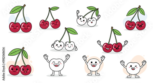 Cute cherry characters with faces and limbs displaying different happy expressions and poses on a white background with color blobs.