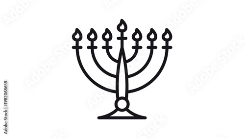 Minimalist black vector line icon of a traditional seven-branched Jewish menorah with lit candles and flames, isolated on a white background for religious and cultural graphic design.