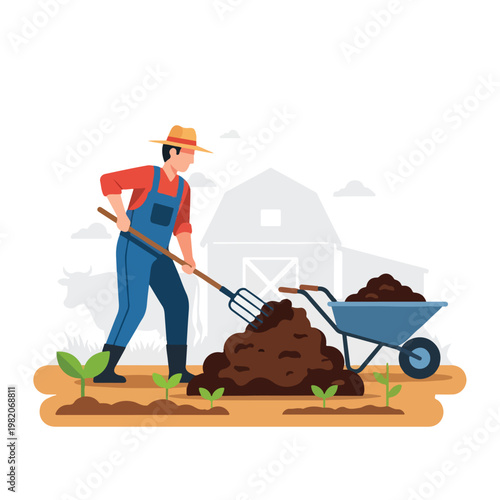 A farmer in denim overalls uses a pitchfork to move soil near a farm wheelbarrow