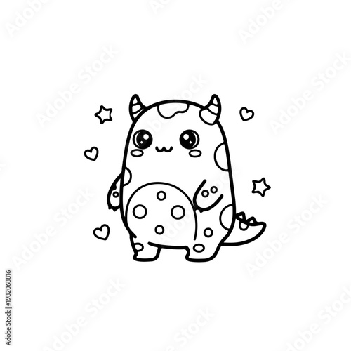 Cute kawaii monster coloring page for kids with hearts and stars isolated on white background