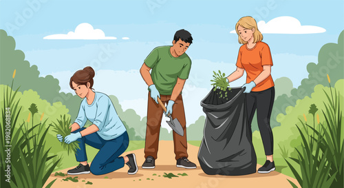 Three volunteers working together to clean up litter in a green park environment