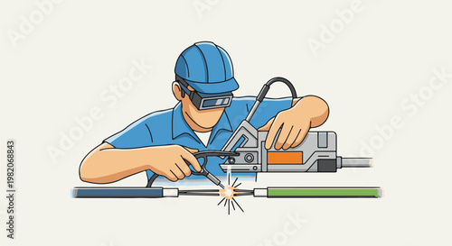 Tradesperson wearing protective gear, welding cables with sparks