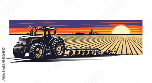 Tractor plowing a field at sunset, agricultural scene