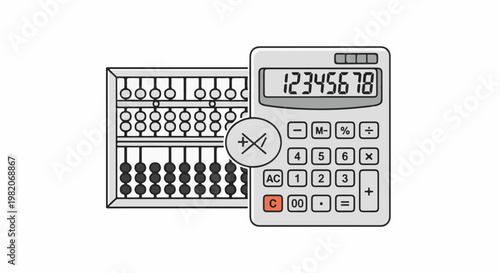 Traditional abacus alongside modern digital calculator with numerical display