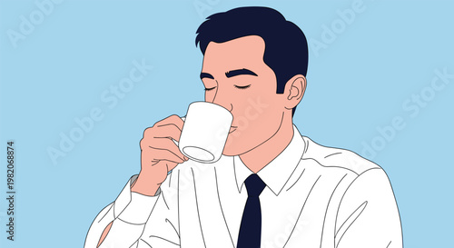 Close up illustration of a professional man in a white shirt and tie enjoying a warm drink from a white mug with closed eyes.