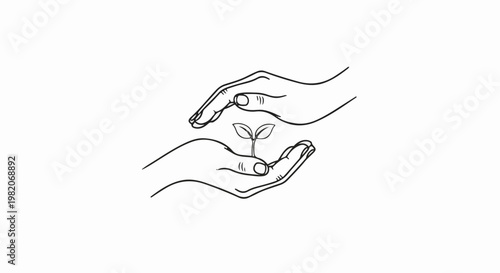 Two hands gently cradling a young plant with two leaves