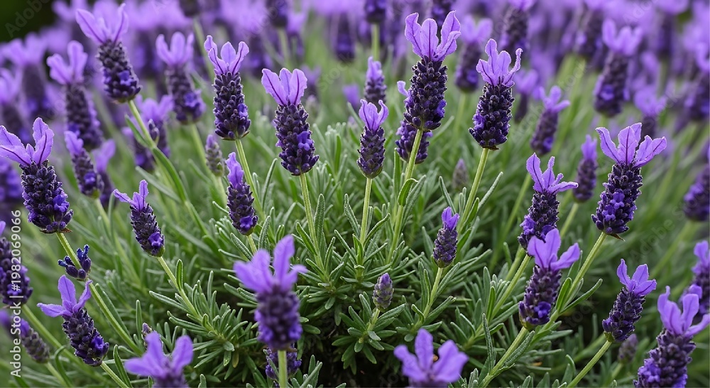 Obraz premium A dense and vibrant cluster of lavender plants showing many purple flower heads and green needle-like foliage in a sunlit garden setting.