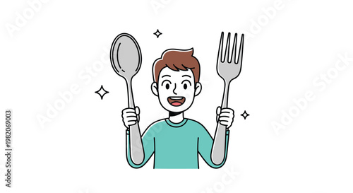 Cheerful young boy holding an oversized silver spoon and fork representing hunger and readiness for a delicious meal or snack.