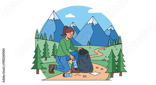 A woman kneeling on a mountain path picks up litter into a black trash bag