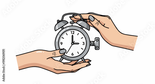 Two hands hold an alarm clock with metal bells and a winding key