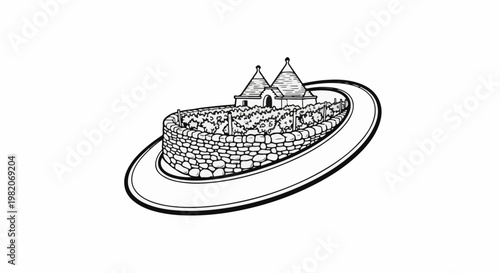 Traditional conical roof dwelling surrounded by a stone wall and greenery on a pathway