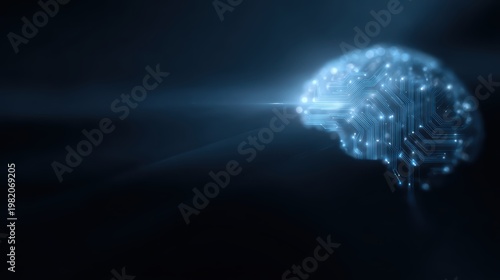 A glowing blue brain icon with circuit patterns, neurology and AI medicine concept