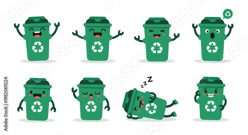 Set of green recycling bin characters with various funny expressions and poses promoting environmental awareness and waste management.