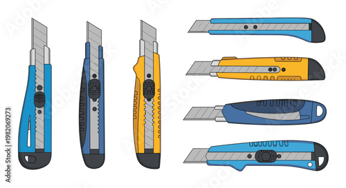 Various designs of utility knives and box cutters in different colors and positions for hardware and construction themes.