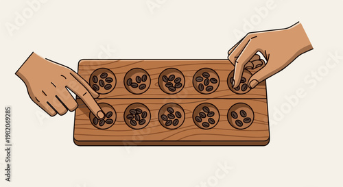 Two hands playing a game with a wooden board and coffee beans