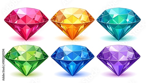 Six glossy, colorful gemstone icons. Bright, saturated hues create a rainbow effect, all with complex facet designs