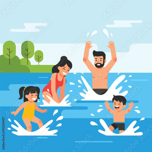 A happy family having fun splashing in the water on a bright summer day