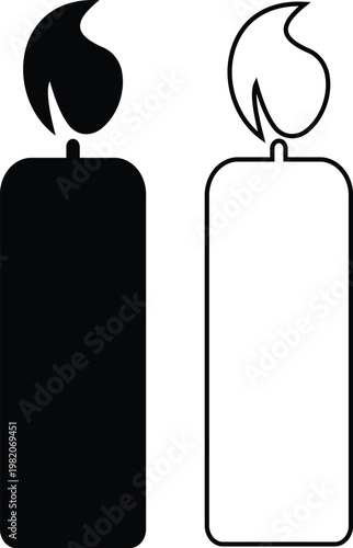 Candle flame icon set collection group, wax, light, fire, lantern, illumination symbols, decorative candles, burning wick shapes in flat and line style black vector illustration isolated