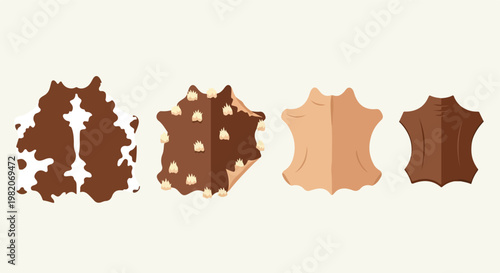 Four varied animal hides in different colors and patterns on a light background