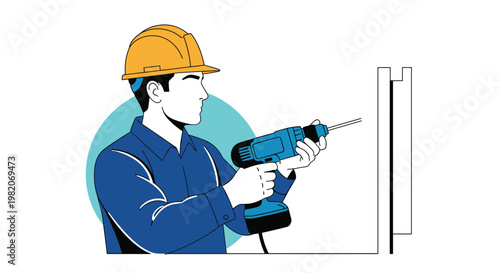 Professional construction worker wearing a yellow hard hat and blue shirt using a power drill to work on a wall.