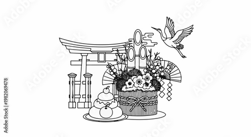 Traditional Japanese New Year decorations with a torii gate, crane, and mochi