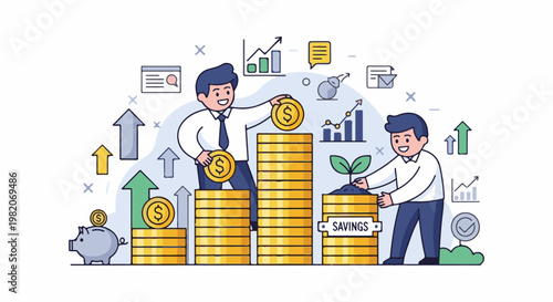 Two happy men stacking coins, one placing a coin on a pile