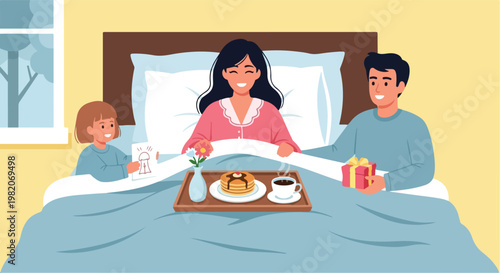 A family surprises mother with breakfast in bed and gifts on a weekend morning