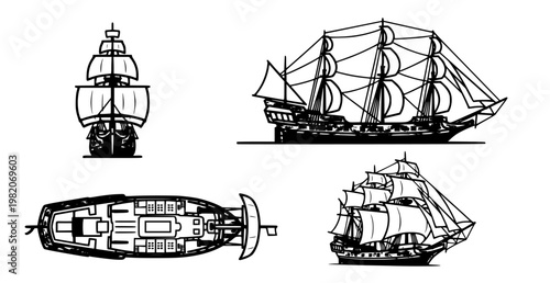 Collection of intricately detailed illustrations of historical sailing ships viewed from multiple perspectives