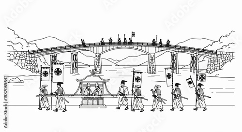 Traditional procession across an arched stone bridge with figures in historical attire