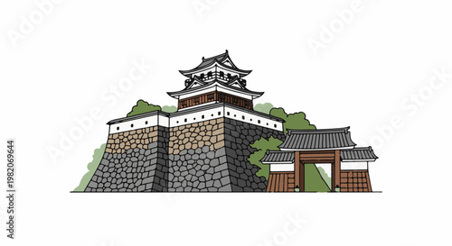 Traditional stone castle with layered roofs and an entrance gate, surrounded by greenery