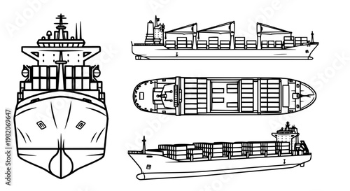 Collection of black and white line art illustrations depicting a cargo ship from multiple perspectives