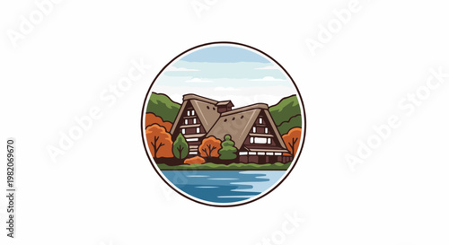 Traditional village houses with thatched roofs beside a lake
