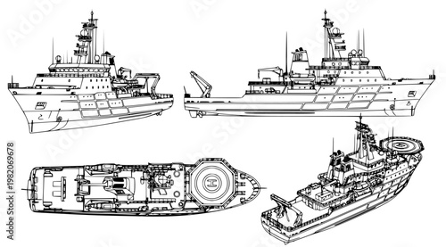 Detailed technical blueprint of a modern maritime vessel, illustrating intricate design and components from multiple perspectives. Engineering schematic for a complex ship