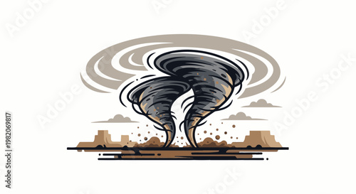 Two dark tornadoes swirling over a barren desert landscape