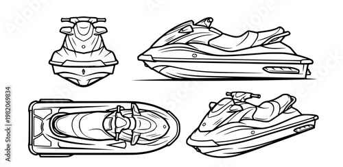 Set of line art drawings of a jet ski from multiple different angles, showcasing its design and features