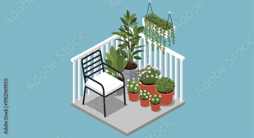 Isometric illustration of a small balcony with a chair and various potted plants