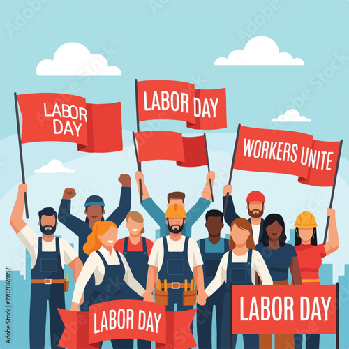 A diverse group of manual laborers holding red protest flags for Labor Day event