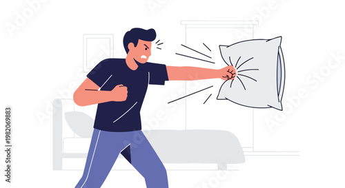 A frustrated man punches a pillow in his bedroom to release his pent-up anger