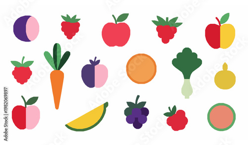 Colorful abstract fruit and vegetable set flat vector berries and organic food art collection